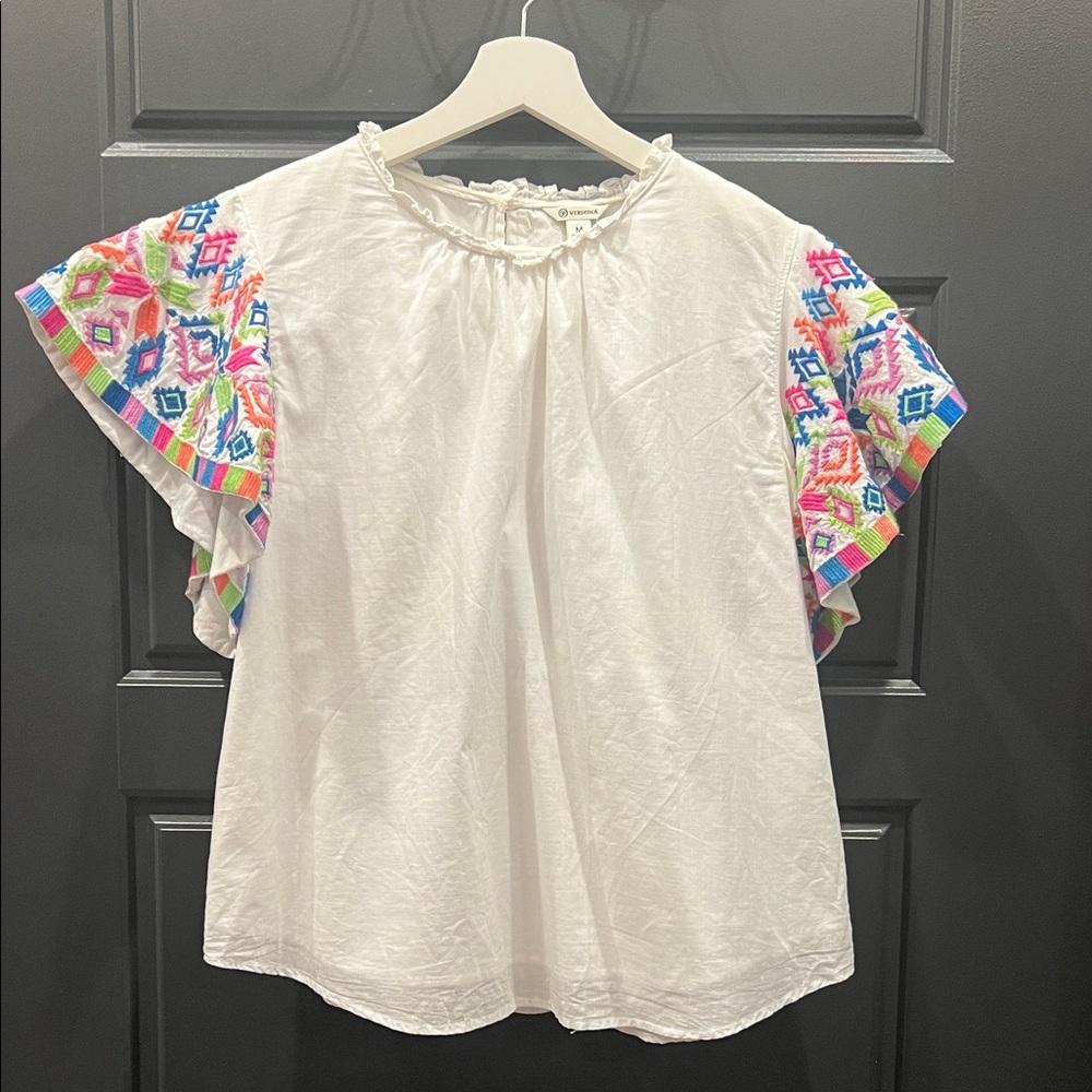 White Blouse with Colorful Embroidered Sleeves size M